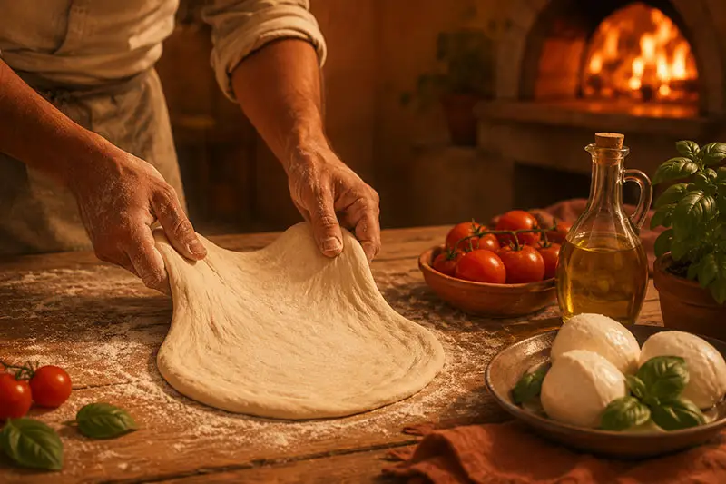 Pizzateig wird von Hand geformt mit Tomaten, Mozzarella, Basilikum und Olivenöl bei Pizzeria Golosia in Dinslaken