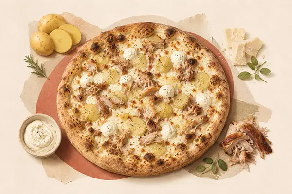 Pizza La Sfiziosa mit Spanferkel, Kartoffeln, Parmesancreme und Fior di Latte Mozzarella bei Pizzeria Golosia in Dinslaken