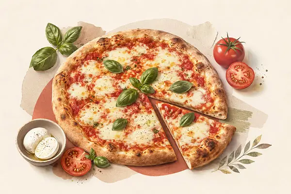 Pizza Margherita mit Tomatensauce, Fior di Latte Mozzarella und Basilikum bei Pizzeria Golosia in Dinslaken