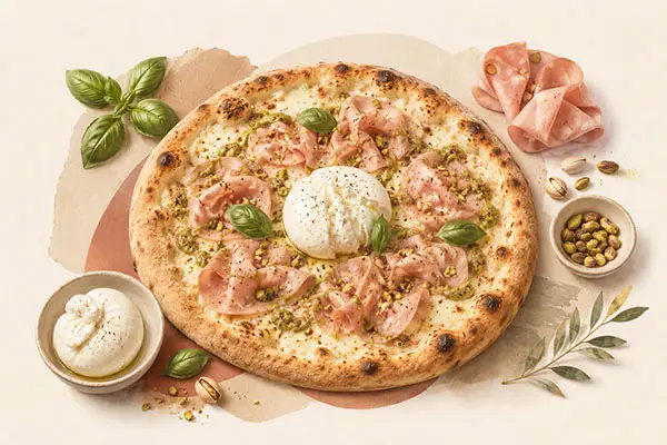 Pizza Mortadella di Bologna mit Burrata, Pistaziencreme und Fior di Latte Mozzarella bei Pizzeria Golosia in Dinslaken