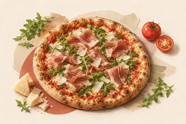 Pizza Parma mit Parmaschinken, Rucola, Parmesankäse und Fior di Latte Mozzarella bei Pizzeria Golosia in Dinslaken