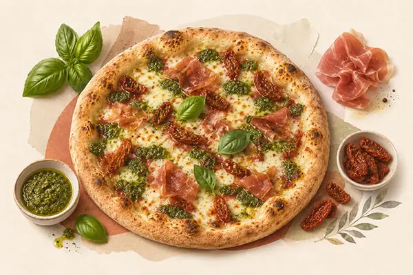 Pizza Pesto mit Basilikumpesto, Speck, getrockneten Tomaten und Fior di Latte Mozzarella bei Pizzeria Golosia in Dinslaken