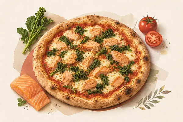 Pizza Salmone mit Lachs, Friarielli, Tomatensauce und Fior di Latte Mozzarella bei Pizzeria Golosia in Dinslaken