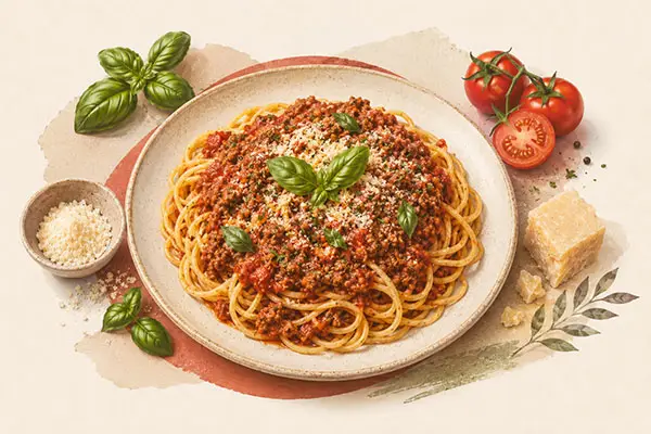Spaghetti Bolognese mit Rindfleischsauce, Tomaten und Basilikum bei Pizzeria Golosia in Dinslaken